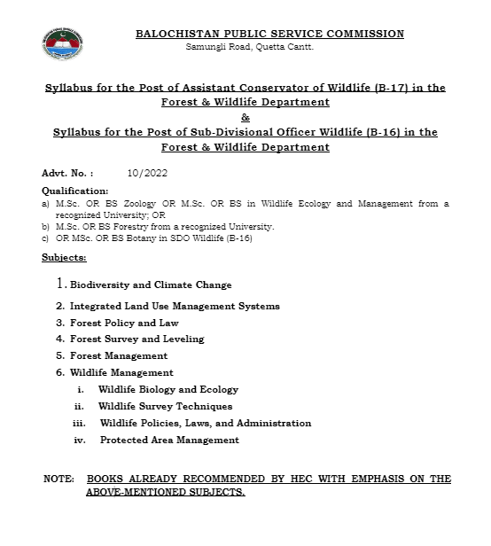 Syllabus for the Post of Sub-Divisional Officer Wildlife