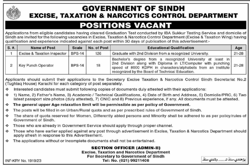 Jobs in Excise and Taxation 2023 Karachi