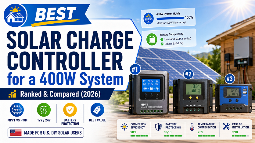 Best solar charge controllers for 400W system 2026 — comparison of Victron SmartSolar MPPT 100/50, Renogy Rover 40A, and EPEver Tracer 4210AN with specs and price comparison,MPPT solar charge controller LCD display, solar charge controller wiring diagram, Victron SmartSolar charge controller