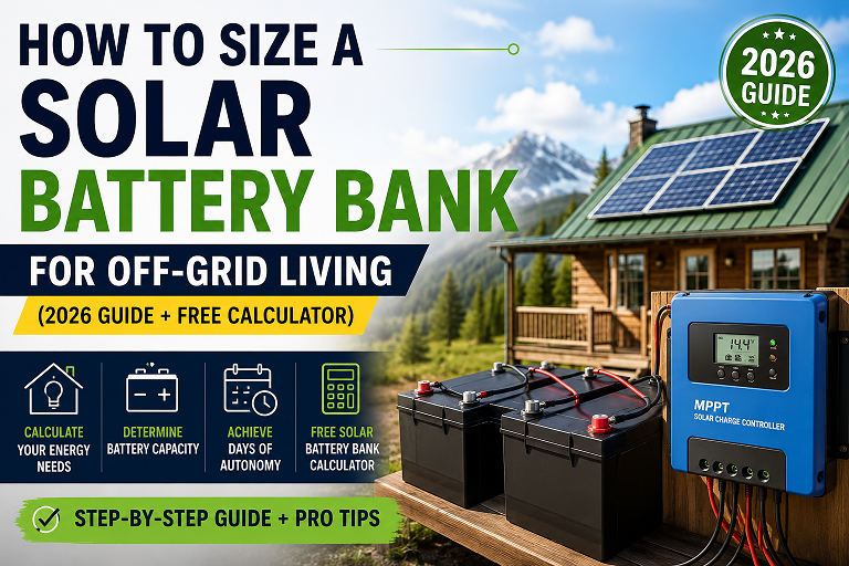 Off-grid solar battery bank sizing guide 2026 — showing LiFePO4 battery bank wiring with 48V system, depth of discharge diagram, and days of autonomy calculator for US cabins and homes
