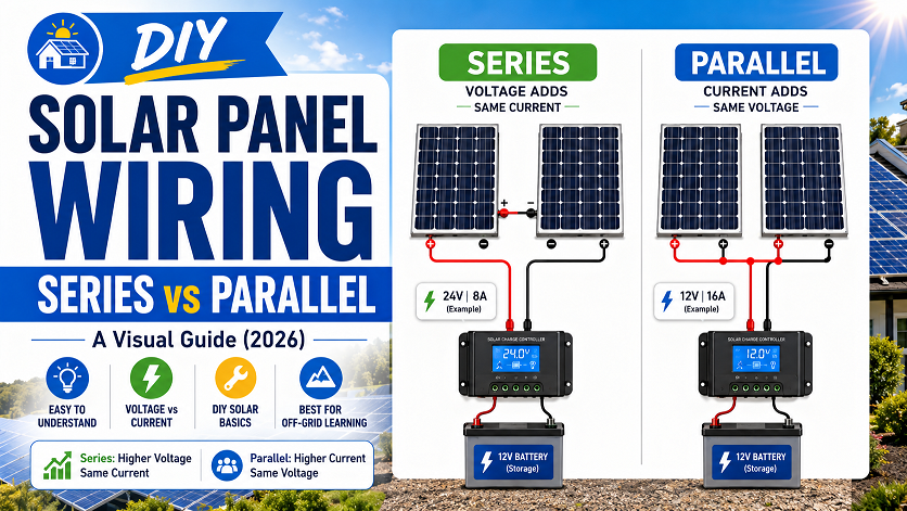 Solar panel wiring series vs parallel visual guide 2026 — diagram showing series connection adding voltages and parallel connection adding currents with charge controller compatibility guide