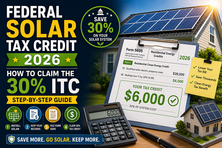 Federal solar tax credit 2026 — 30% ITC claim guide showing IRS Form 5695 walkthrough, eligible costs, and carry-forward rules for US homeowners