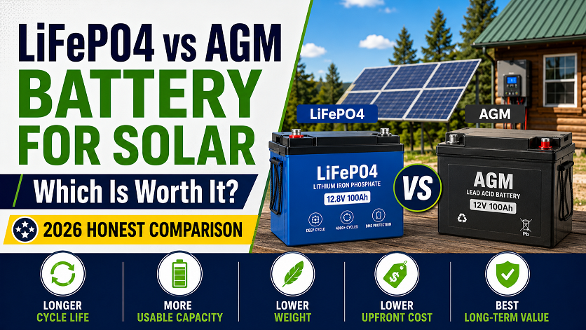 LiFePO4 vs AGM battery for solar comparison 2026 — side-by-side showing cycle life, depth of discharge, weight, and 10-year cost difference for off-grid and RV solar systems, LiFePO4 lithium battery solar panel, AGM deep cycle battery solar storage, solar battery bank comparison