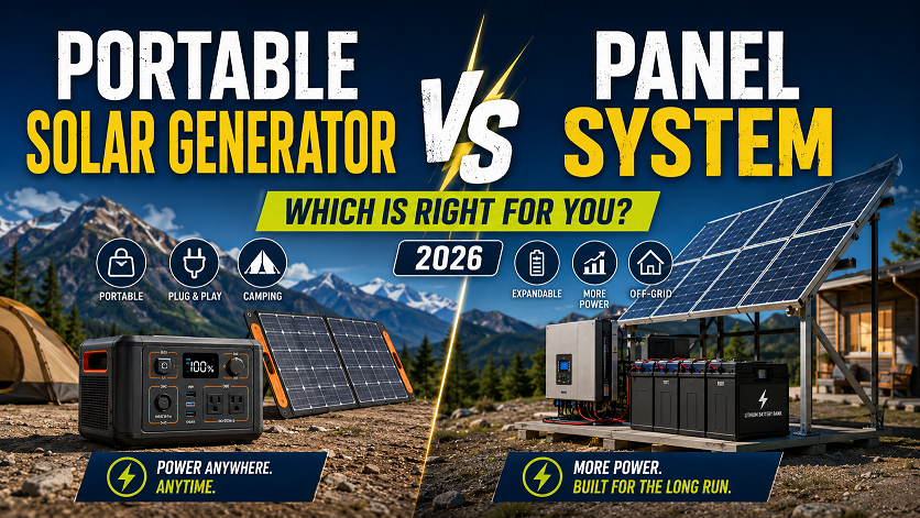 Portable solar generator vs DIY solar panel battery system comparison 2026 — cost, capacity, expandability