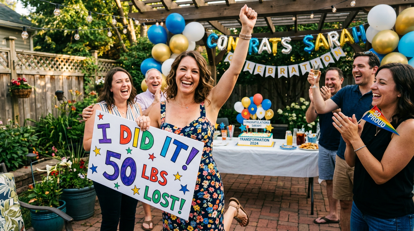 Sarah holds “I DID IT! 50 LBS LOST!” sign at celebration