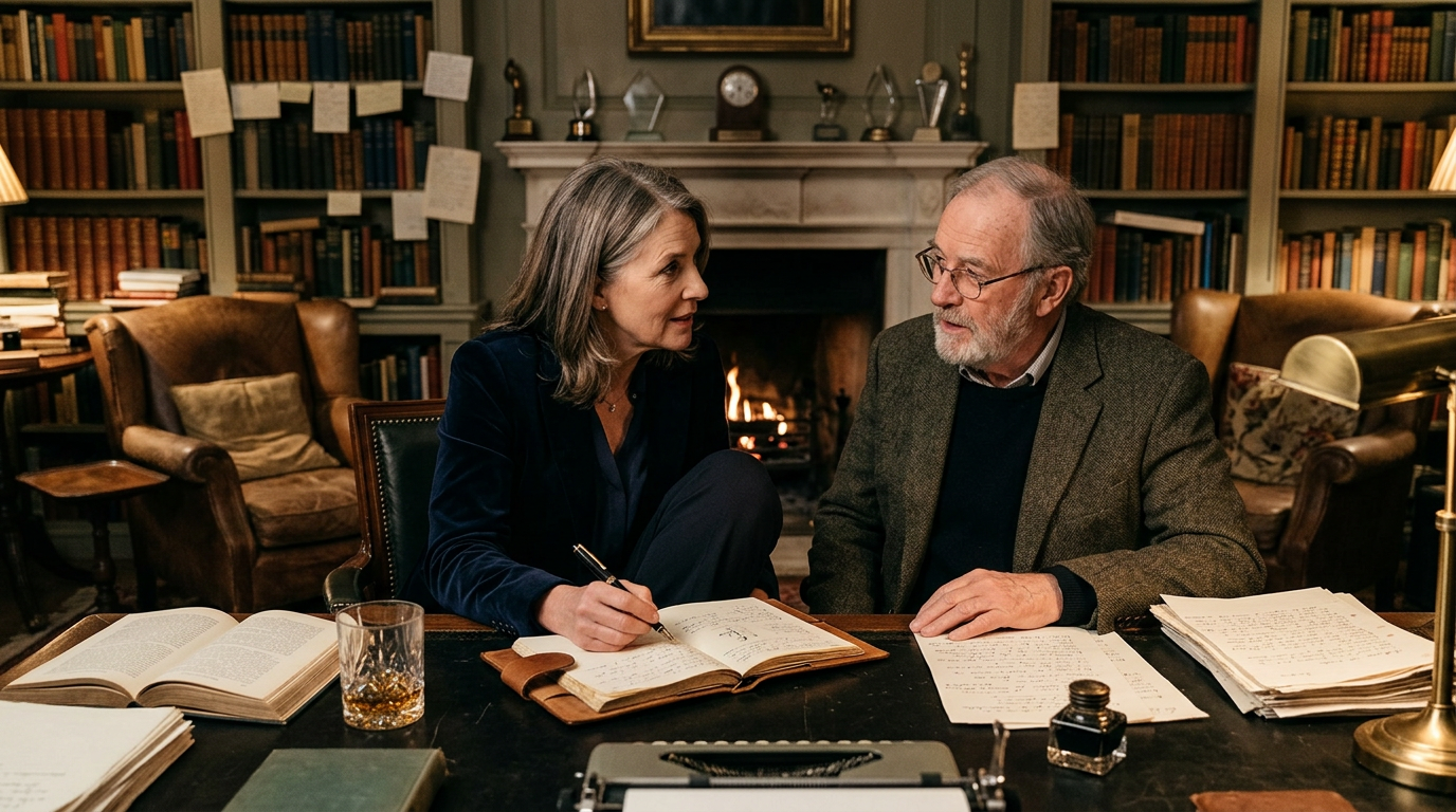 Two older adults discussing handwritten notes at a library desk
