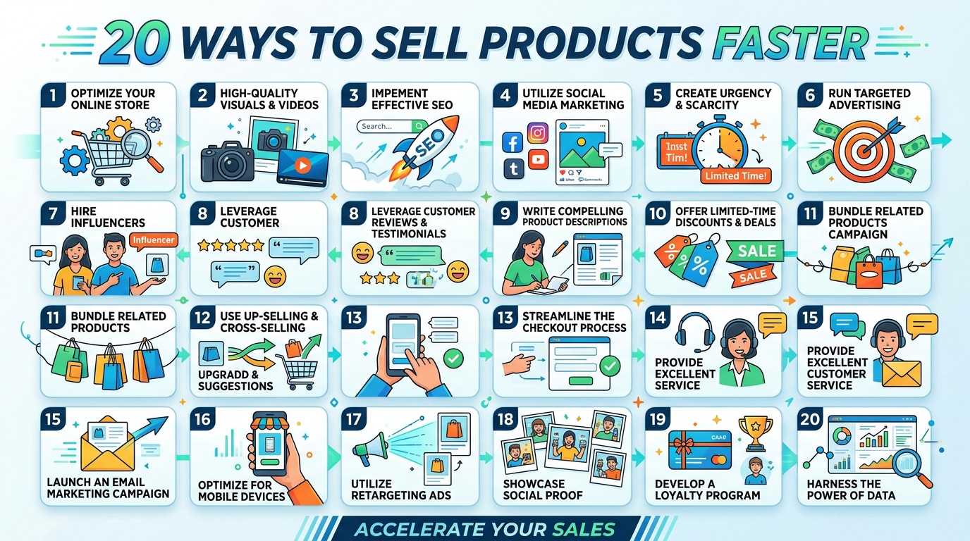 Infographic titled “20 WAYS TO SELL PRODUCTS FASTER,” listing strategies including store optimization, quality visuals, SEO, social media marketing, urgency, advertising, influencers, reviews, product descriptions, discounts, bundling, upselling, streamlined checkout, customer service, email marketing, mobile optimization, retargeting, social proof, loyalty programs, and data analytics.