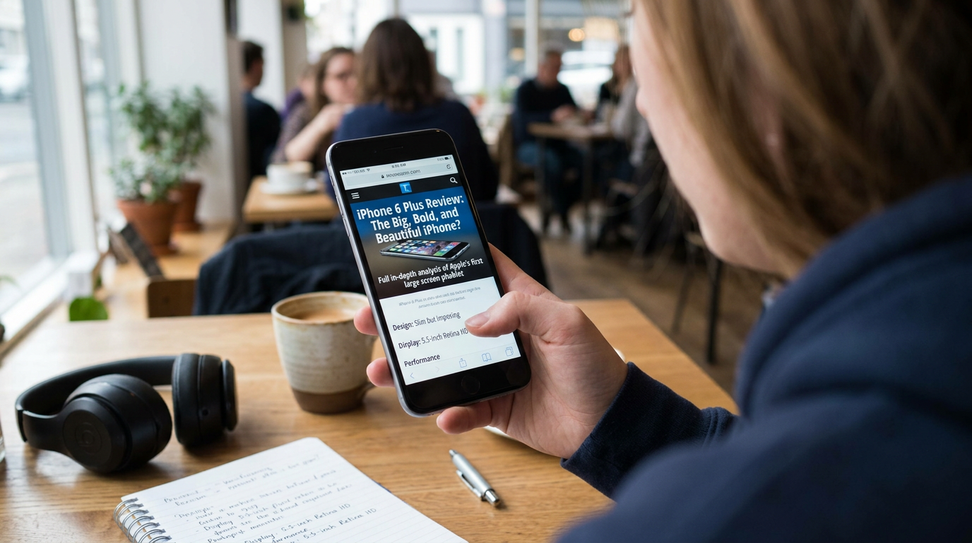 Person holding phone displaying “iPhone 6 Plus Review: The Big, Bold, and Beautiful iPhone?”