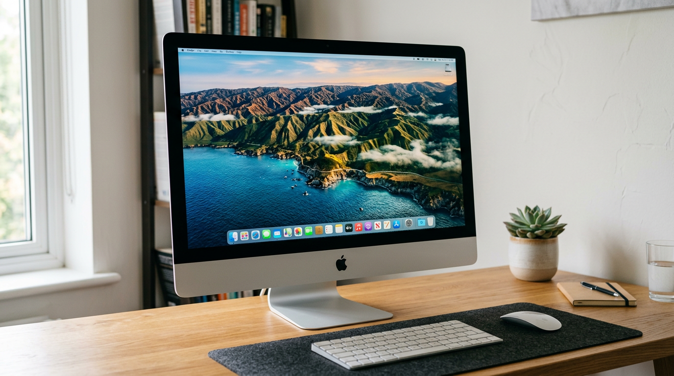 iMac displaying a coastal mountain landscape at a tidy wooden desk