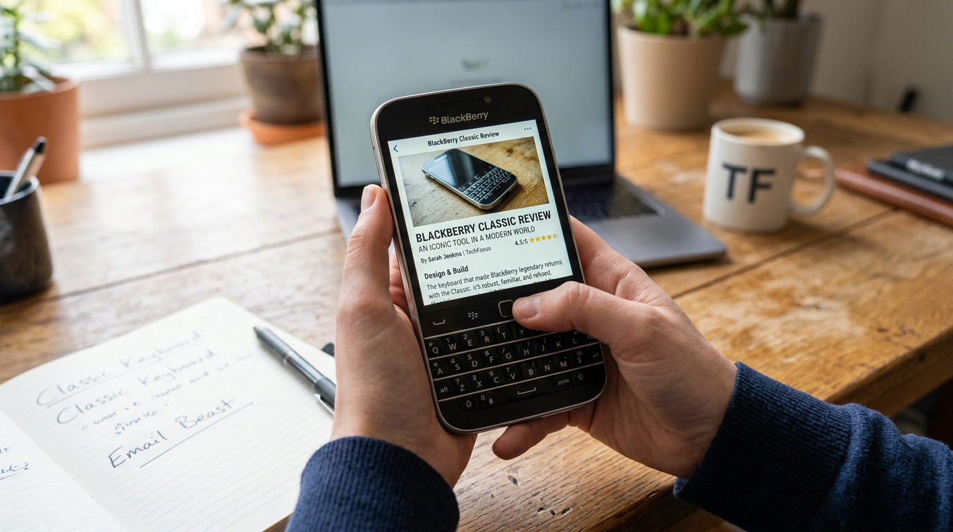 Hands holding a BlackBerry displaying a Classic review article