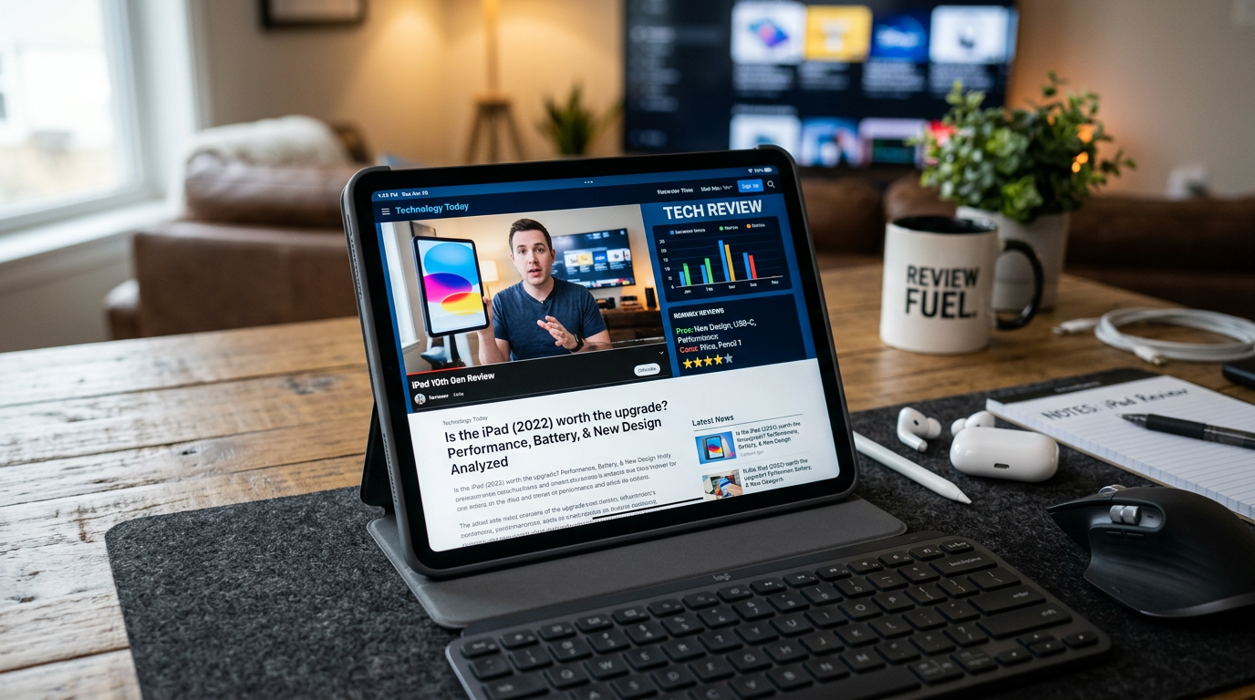 Tablet showing “Technology Today” iPad review with keyboard and earbuds