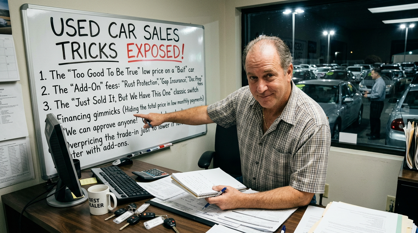 Employee points to whiteboard reading "Used Car Sales Tricks Exposed!"