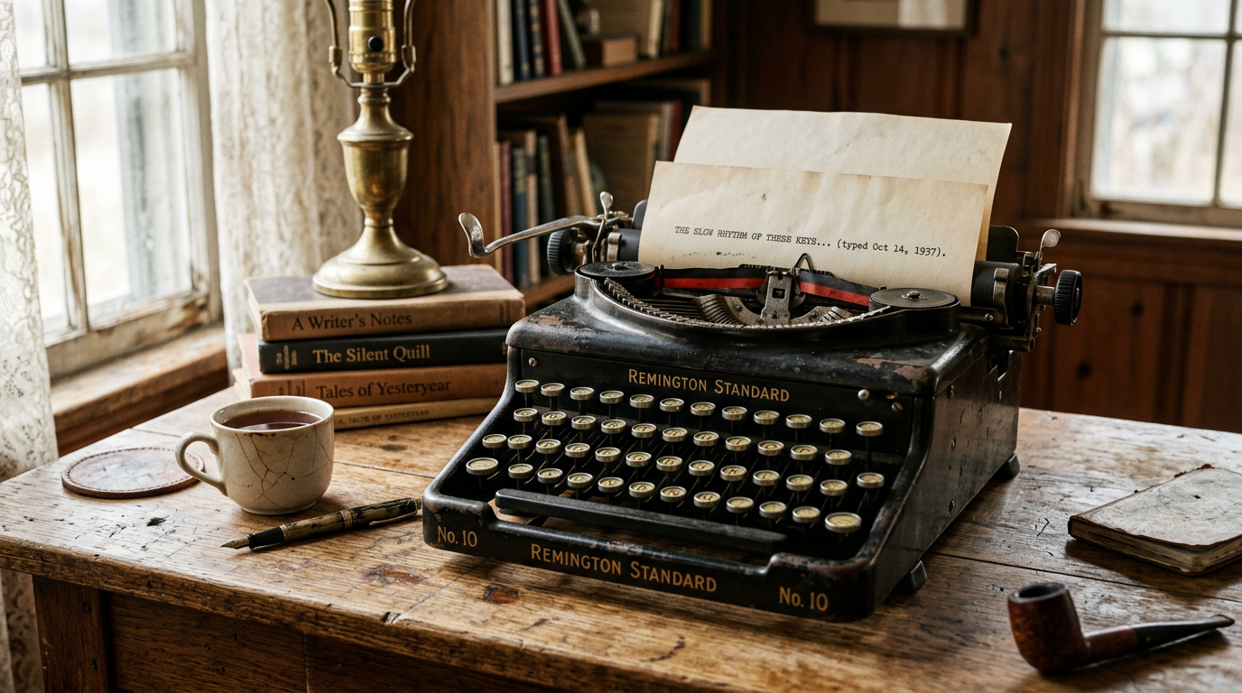 Remington Standard No. 10 typewriter with text reading “THE SLOW RHYTHM OF THESE KEYS... (typed Oct 24, 1937).”