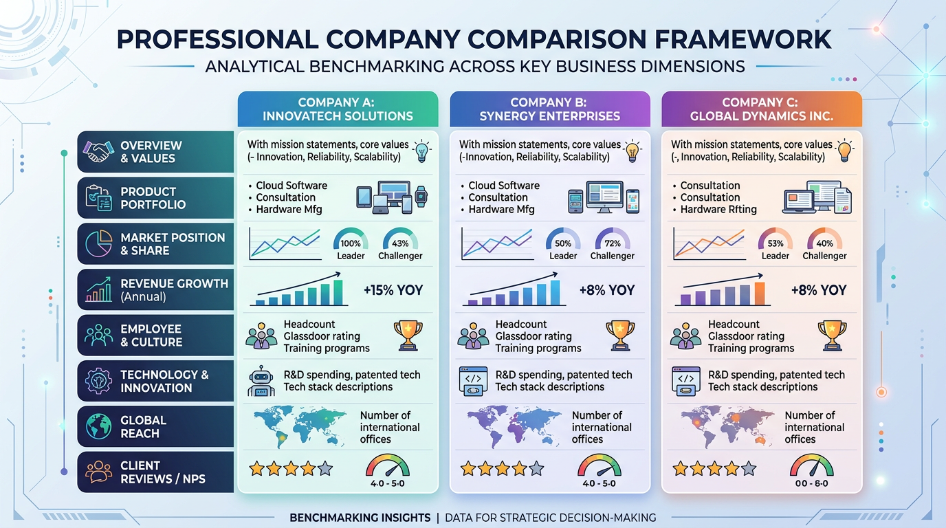 Company comparison infographic covering values, products, growth, culture, technology, reach, and reviews